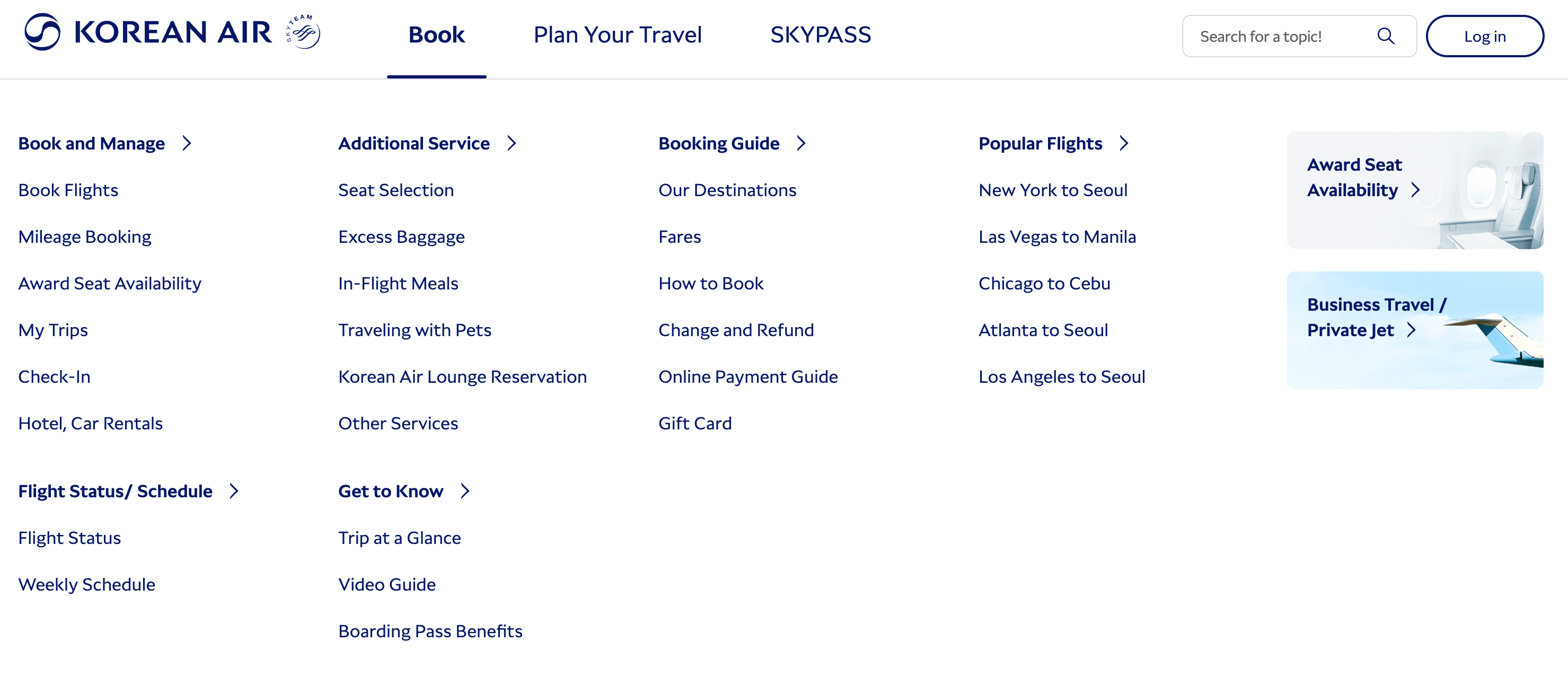 Korean Air navigation mega menu