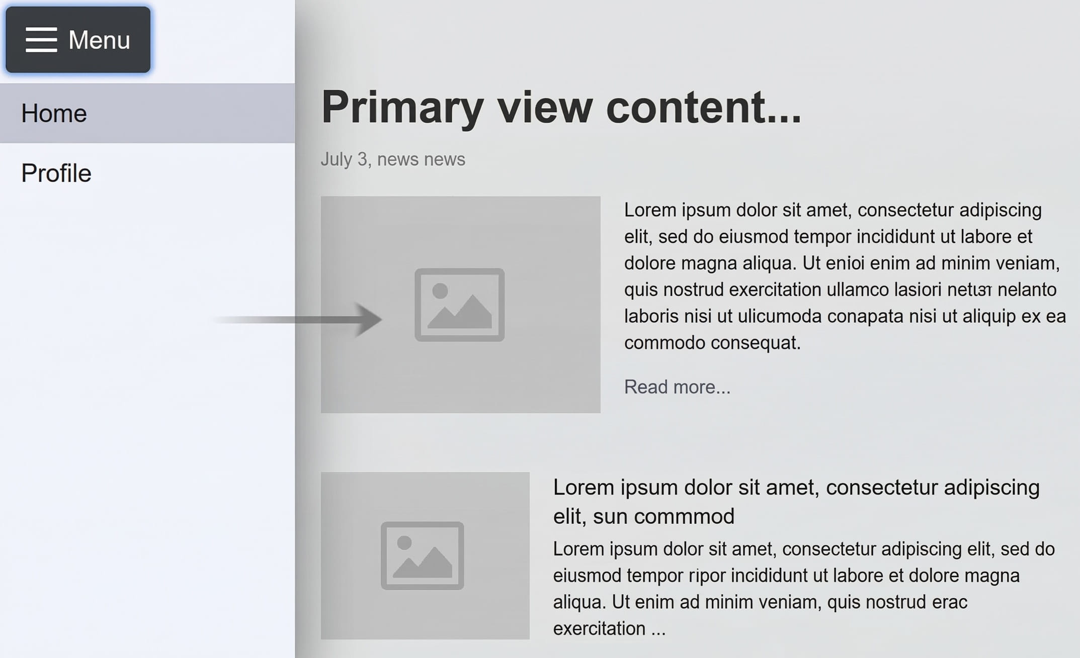 A drawer menu mockup,
with a side menu that can be opened with a swipe
