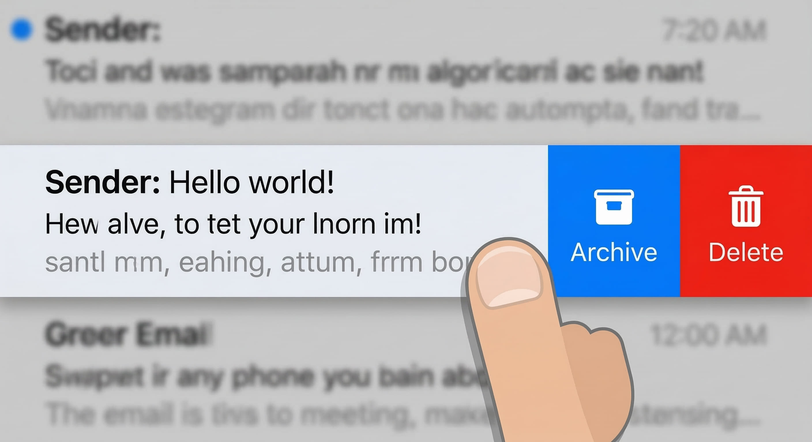 A
swipe-to-reveal mockup, with a list of email items that have additional archive
and delete buttons that can be revealed via a swipe