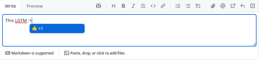 A screenshot of the GitHub comment box. The comment reads 'This LGTM :+'. The ':+' syntax has caused an autocomplete popover to open with the thumbs up emoji, labelled as '+1'.